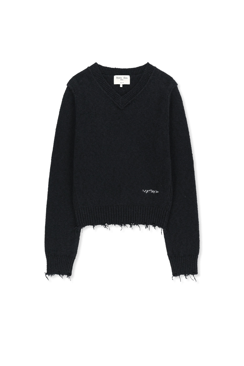 Matin Kim - Distressed Hem V Neck Knit Pullover (Dark Navy) product image 1 | TRAB K-Fashion Australia