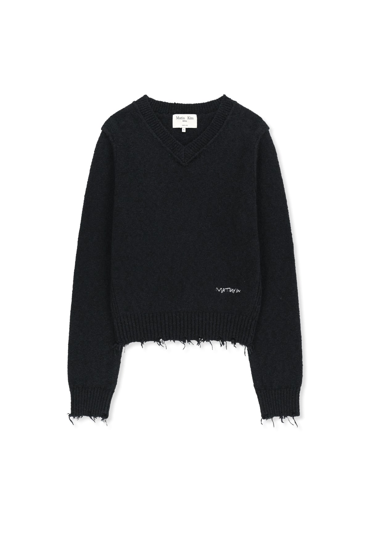 Matin Kim - Distressed Hem V Neck Knit Pullover (Dark Navy) product image 1 | TRAB K-Fashion Australia
