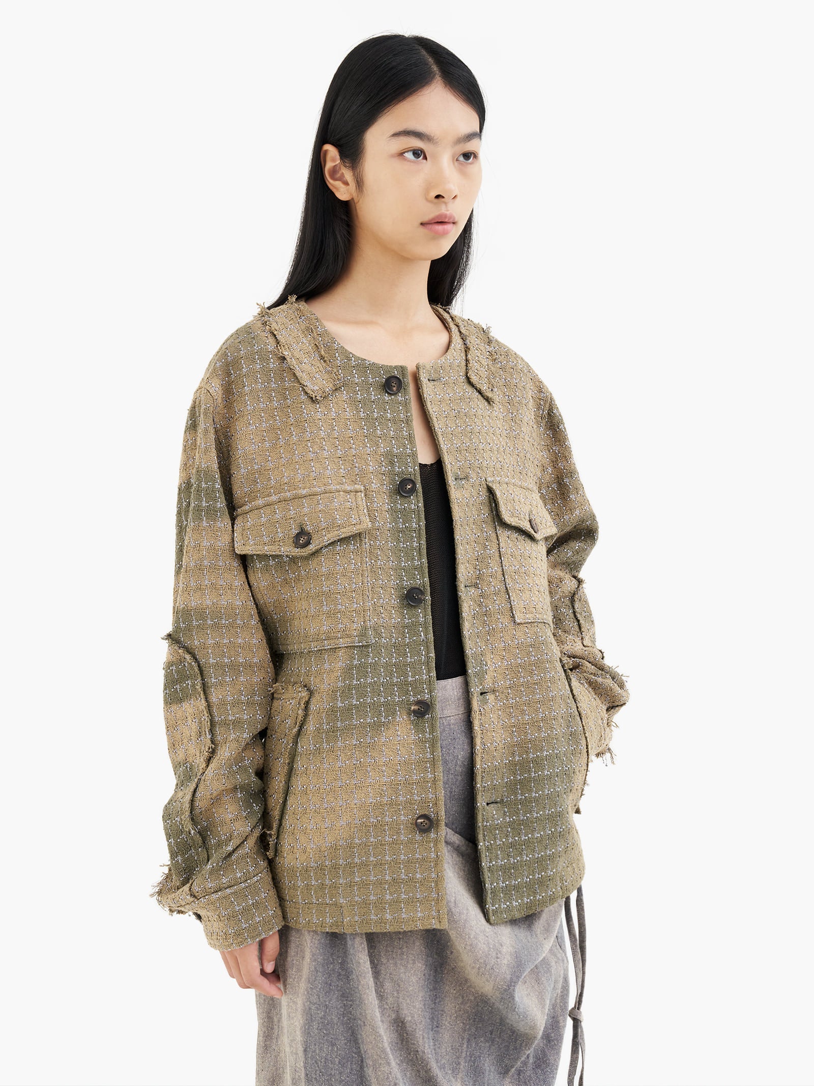 Jiyong Kim - Sun-Bleached Collarless Tweed Jacket (Green) product image 4 | TRAB K-Fashion Australia