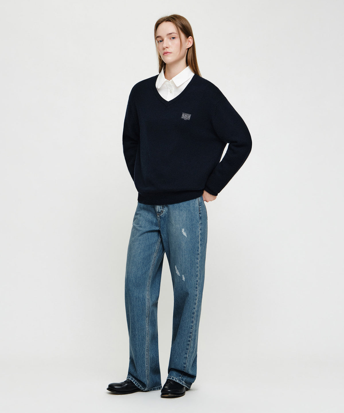 Marithe & Francois Girbaud - [Pre-order – Ships 19 Oct] Straight Damaged Slub Melange Denim Pants (Blue) product image 4 | TRAB K-Fashion Australia