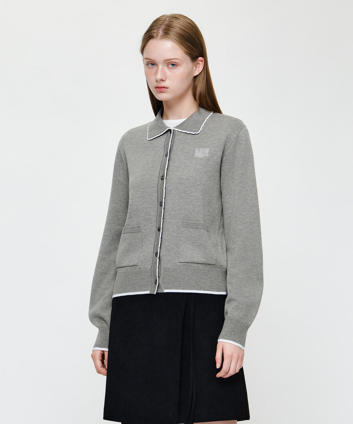 Marithe & Francois Girbaud - Small Classic Logo Collar Lace Trimming Cardigan (Melange Gray) product image 2 | TRAB K-Fashion Australia
