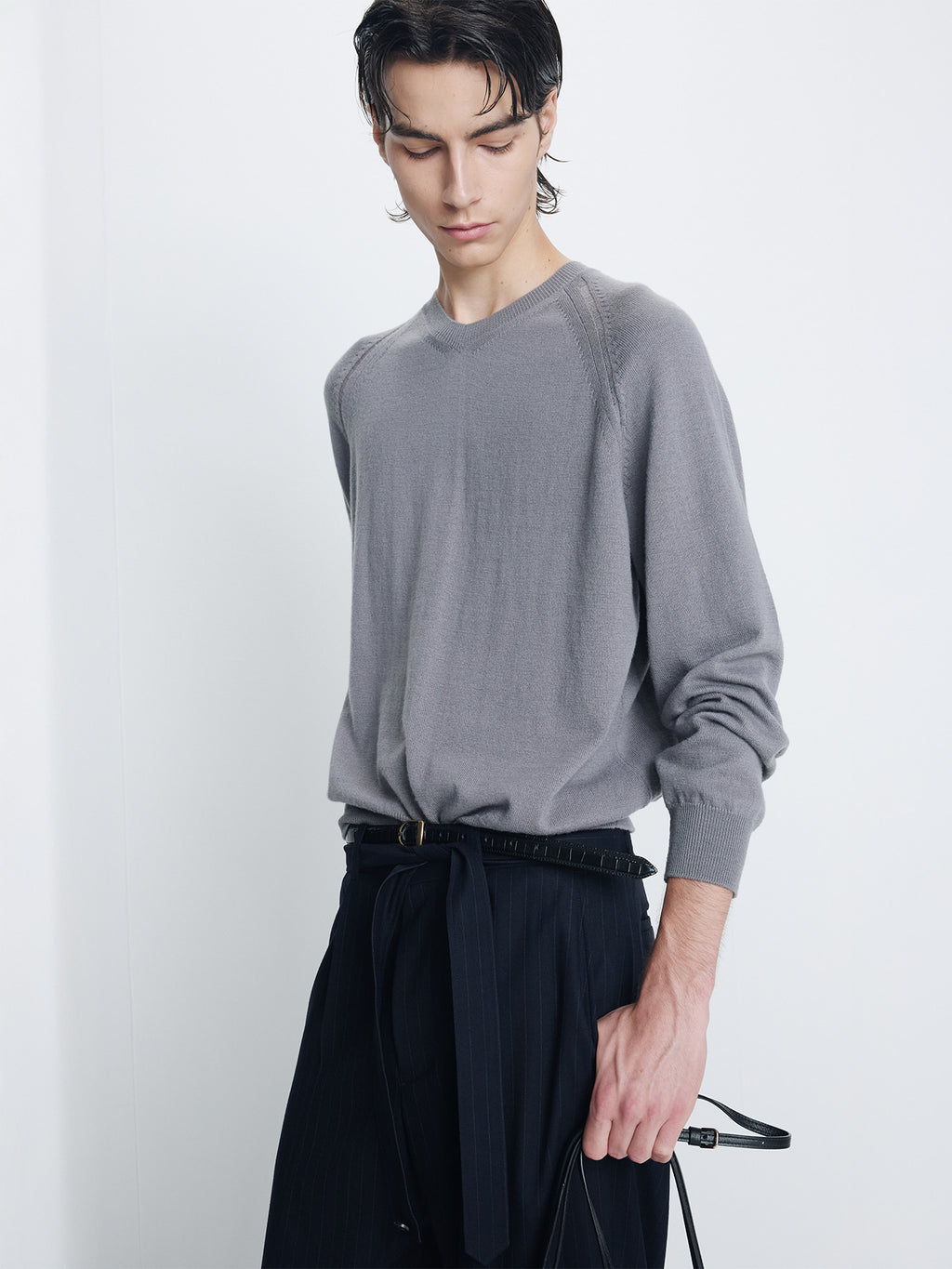 Tonywack - Super Fine Merino Wool Distressed V- Neck Knit (Steel Grey) product image 5 | TRAB K-Fashion Australia