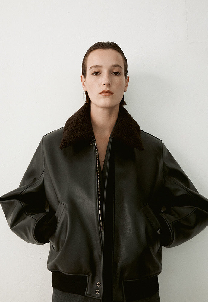 Tonywack - Shearling Collar Leather Bomber Jacket (Black) product image 6 | TRAB K-Fashion Australia