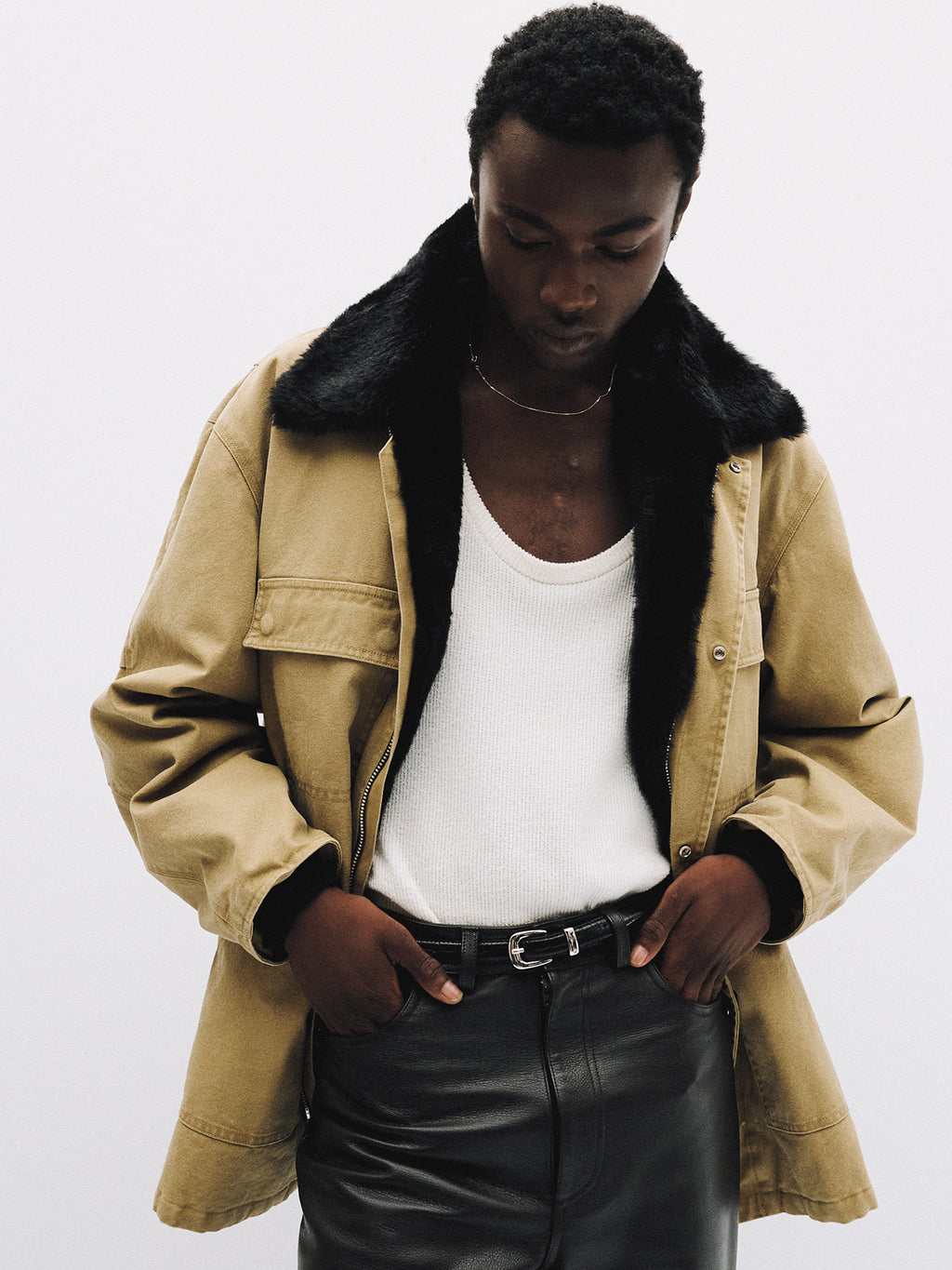 Tonywack - Fur Trimmed Garment Washed Chore Jacket (Beige) product image 10 | TRAB K-Fashion Australia