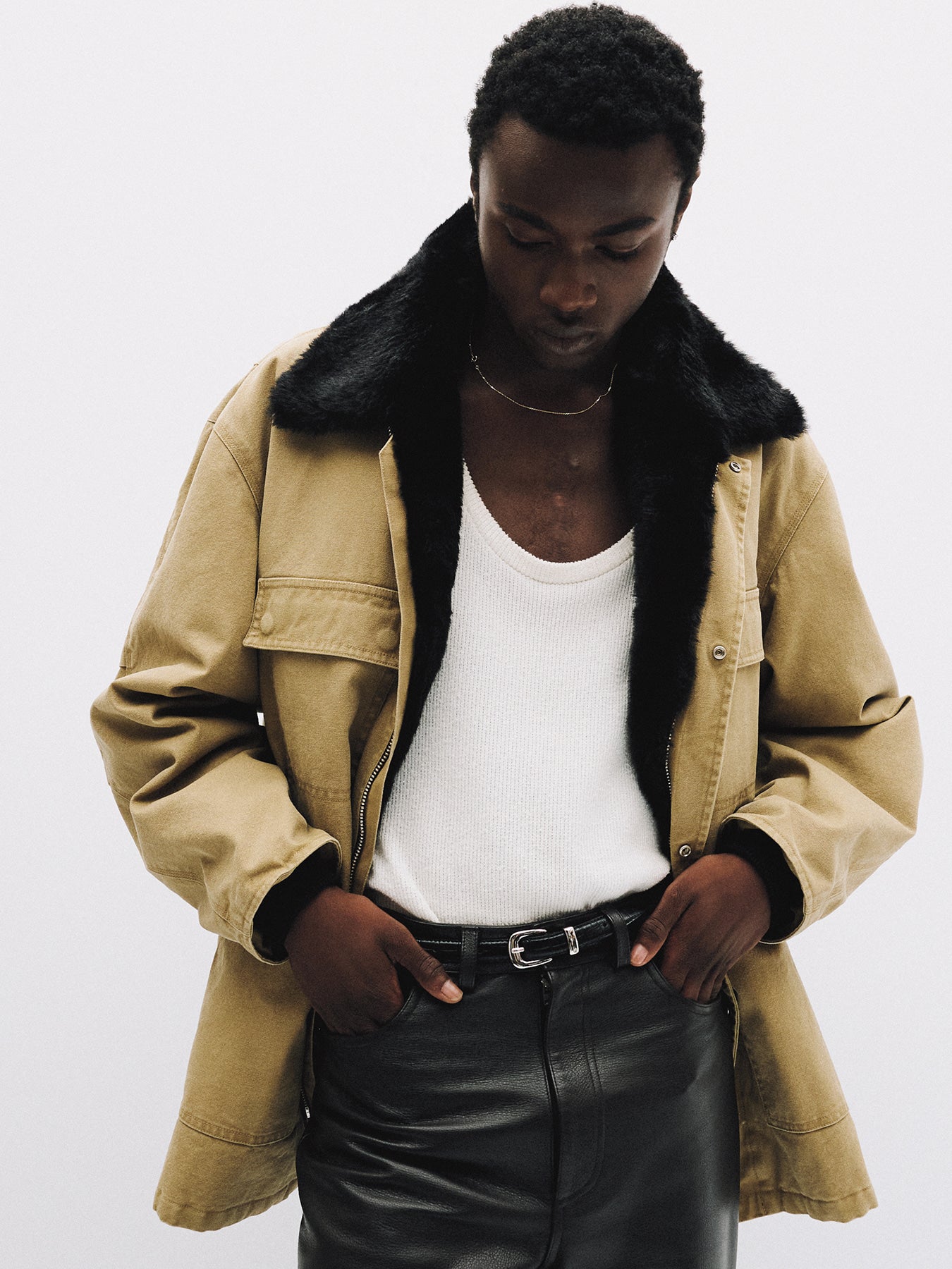 Tonywack - Fur Trimmed Garment Washed Chore Jacket (Beige) product image 10 | TRAB K-Fashion Australia