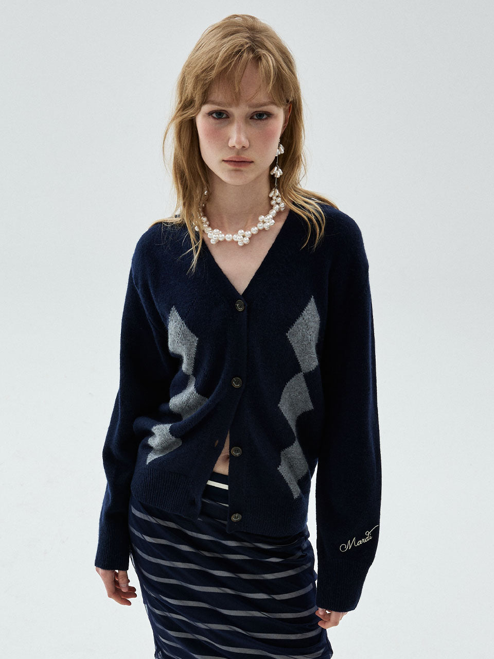 Mardi Mercredi - Cashmere Blend Cardigan V Neck Argyle Punching Detail (Navy) product image 1 | TRAB K-Fashion Australia