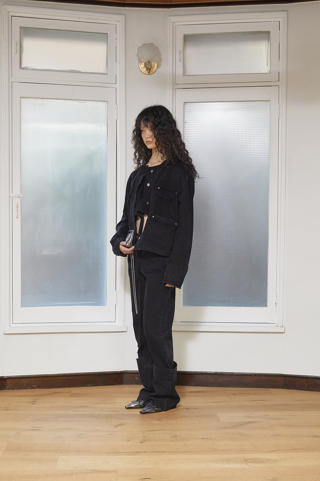 Matin Kim - Collarless Damage Denim Jacket (Black) product image 8 | TRAB K-Fashion Australia