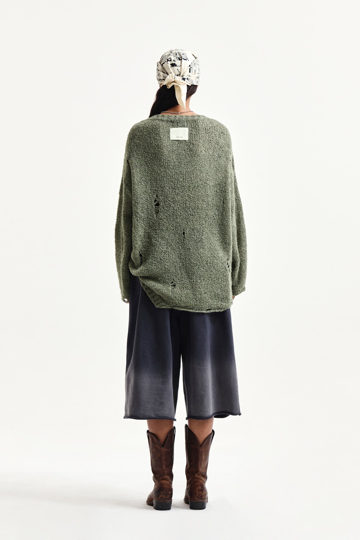 Matin Kim - Asymmetric Damaged Knit Pullover (Khaki) product image 7 | TRAB K-Fashion Australia