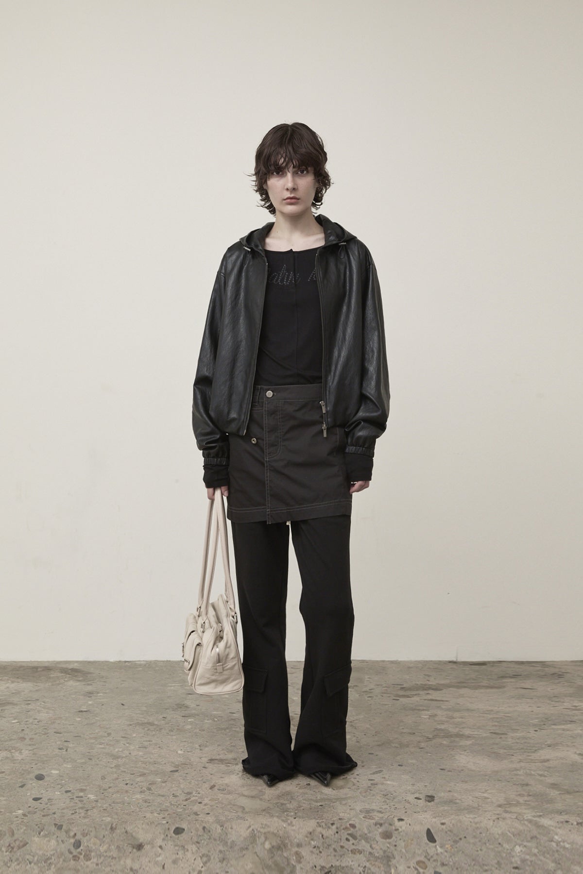 Matin Kim - Faux Leather Hoody Crop Jumper (Black) product image 9 | TRAB K-Fashion Australia