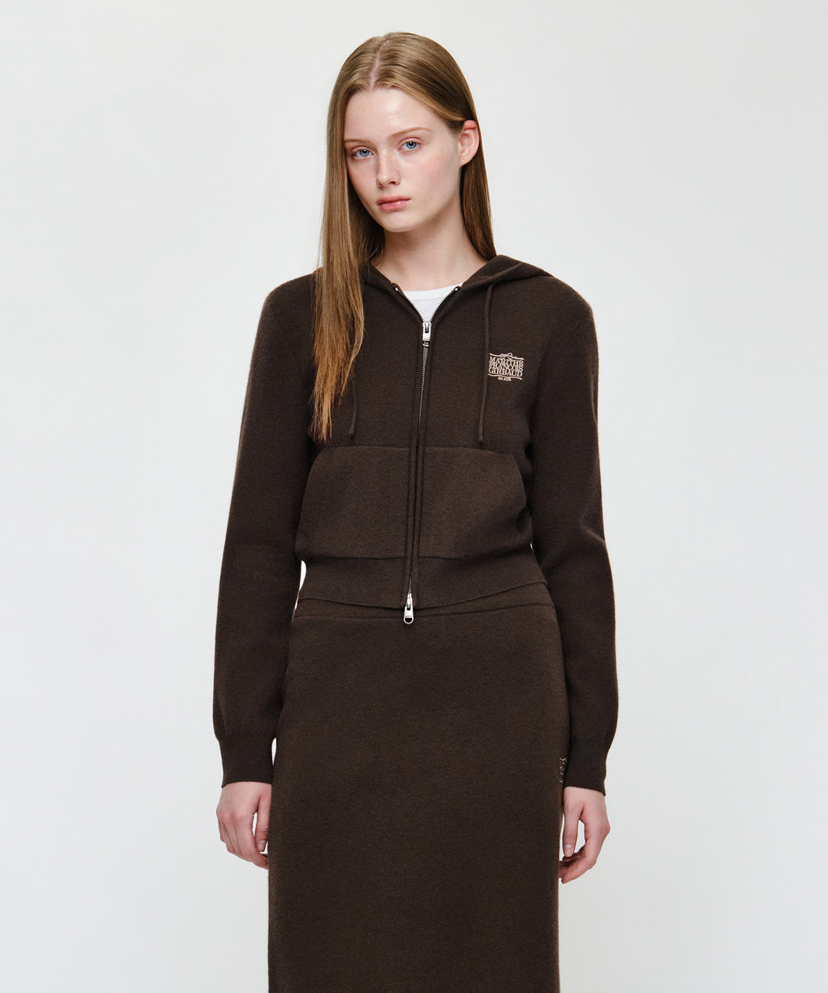 Marithe & Francois Girbaud - Ribbon Classic Logo Crop Knit Hoodie Zipup (Brown) product image 1 | TRAB K-Fashion Australia