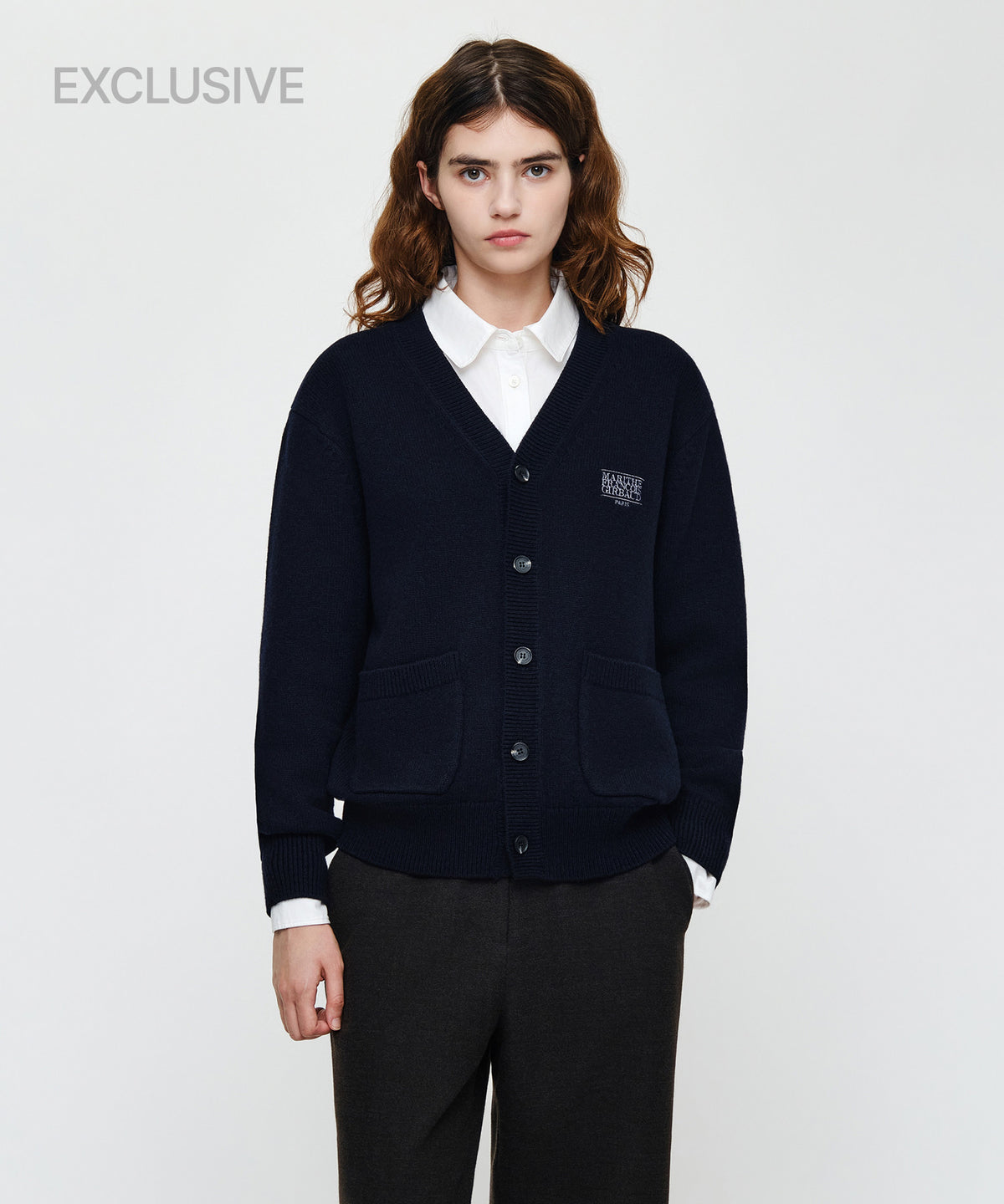 Marithe & Francois Girbaud - Premium Small Classic Logo Cashmere V-neck Cardigan (Navy) product image 1 | TRAB K-Fashion Australia
