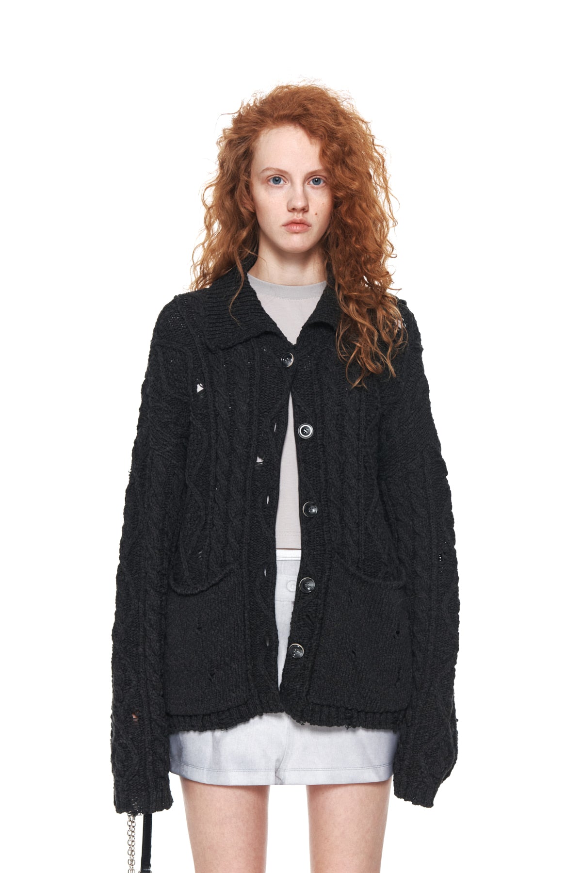 Matin Kim - Damage Cable Cardigan (Charcoal) product image 5 | TRAB K-Fashion Australia