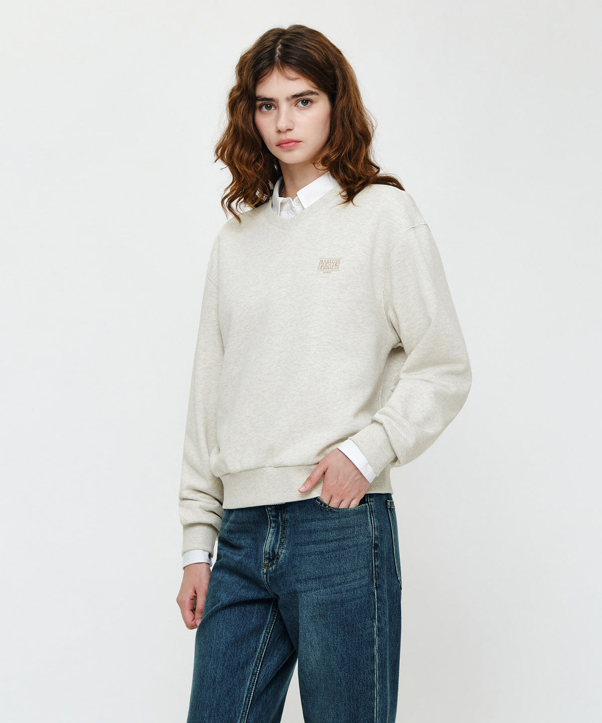 Marithe & Francois Girbaud - Small Classic Logo V Neck Balloon Sweatshirt (Oatmeal) product image 2 | TRAB K-Fashion Australia