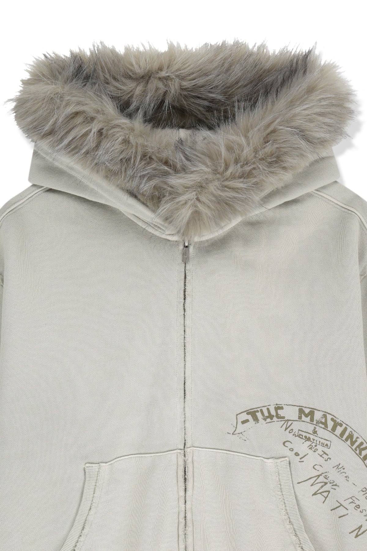 Matin Kim - Vintage Graffiti Fur-trim Hoody Zip Up (Light Beige) product image 3 | TRAB K-Fashion Australia