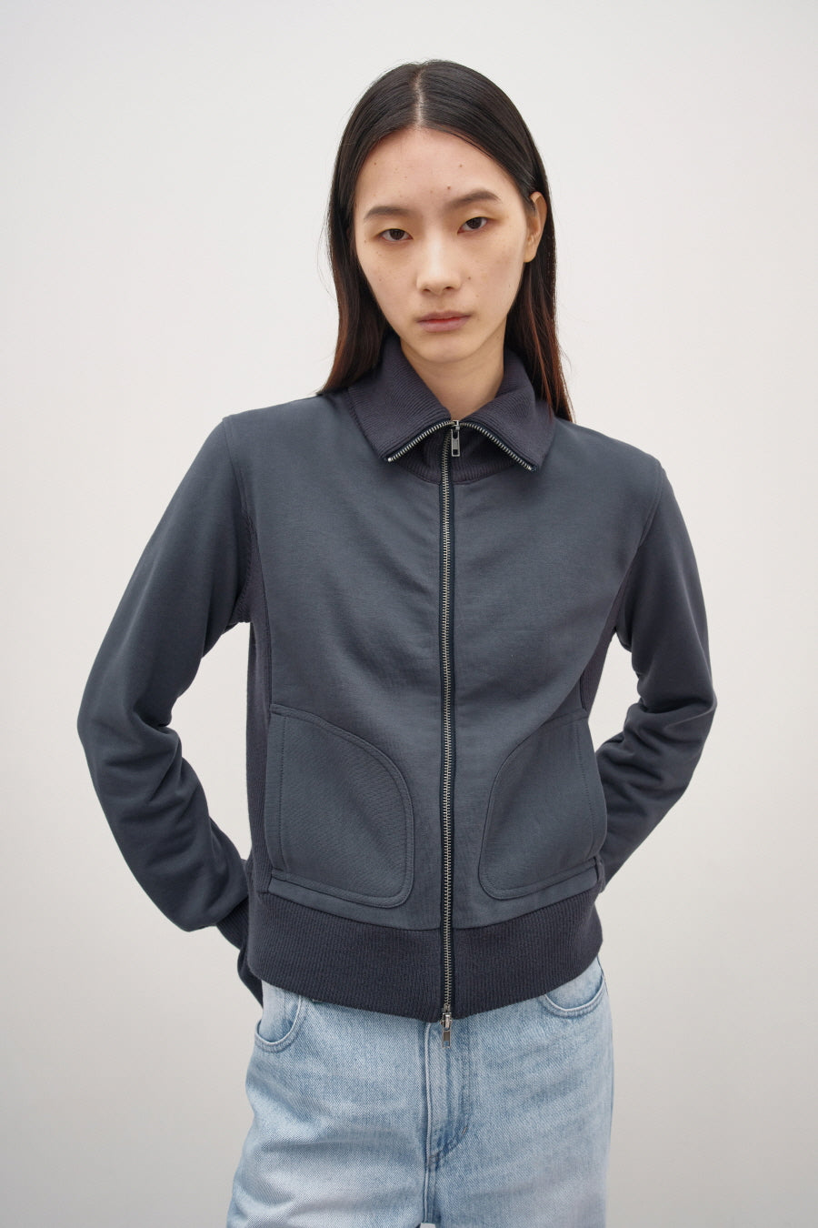 Insilence - Knit Combi Cotton Zip-Up (Navy) product image 1 | TRAB K-Fashion Australia