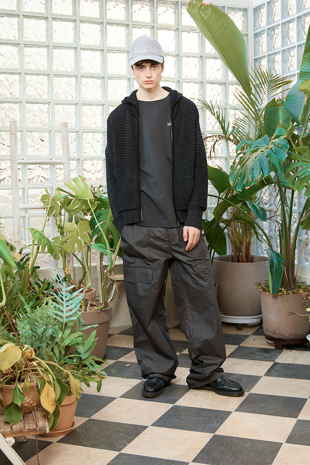 Matin Kim - Two Tone Mesh Knit Hoody Zip Up (Black) product image 15 | TRAB K-Fashion Australia