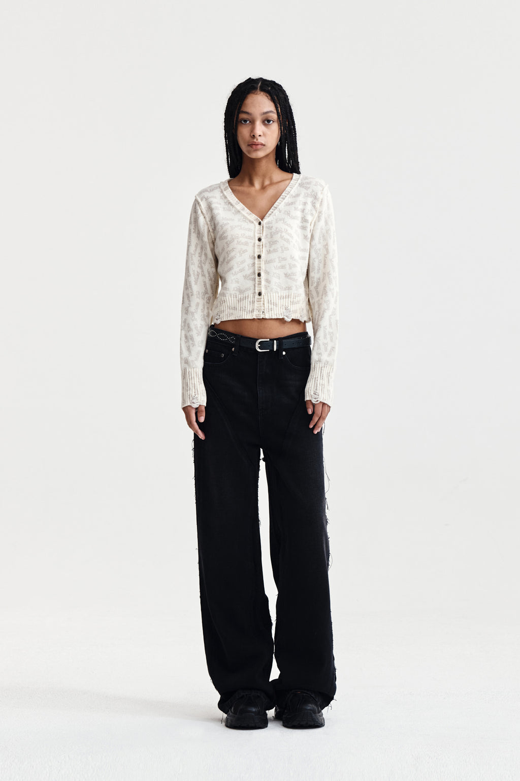 Matin Kim - All Over Logo Crop Cardigan (Ivory) product image 8 | TRAB K-Fashion Australia