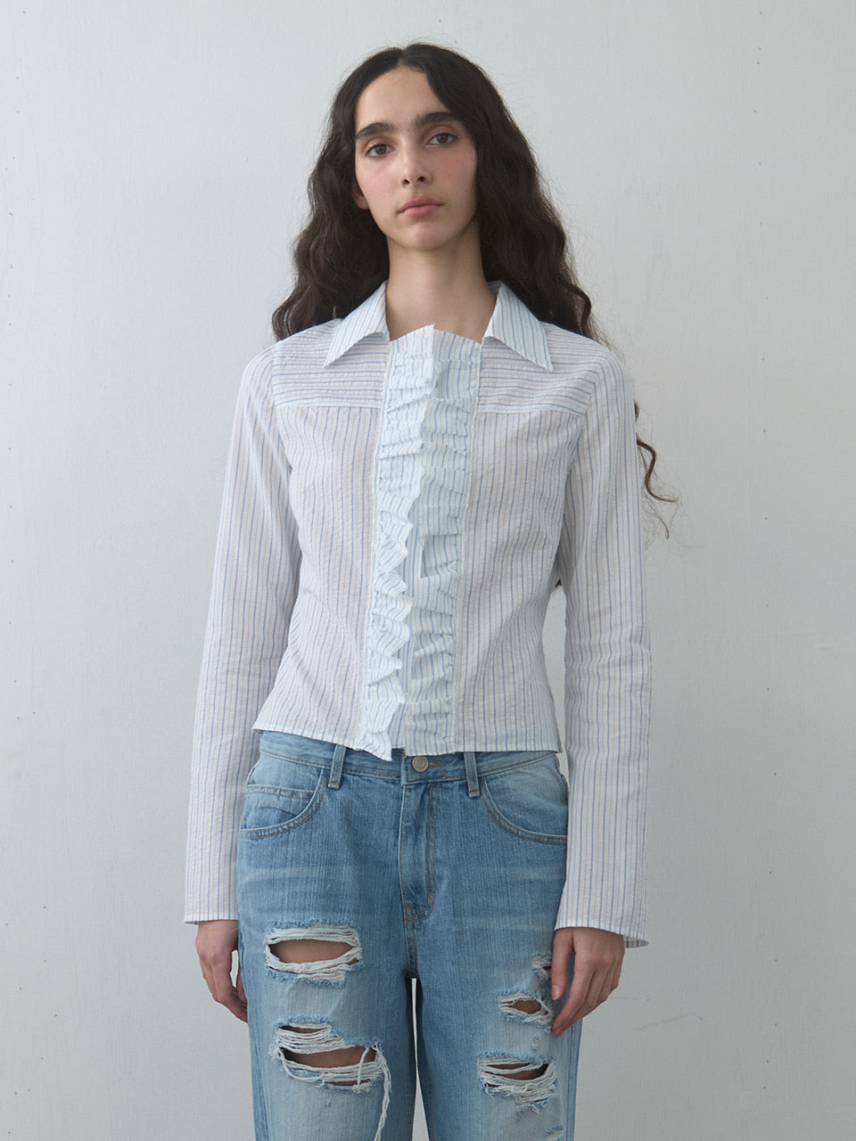 Kijun - Ruffle Detail Shirt (Sky Blue) product image 1 | TRAB K-Fashion Australia