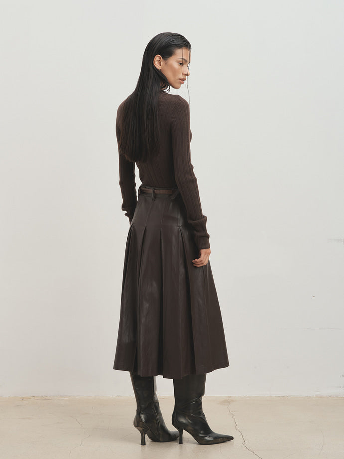 Tonywack - Faux Leather Pleated Midi Skirt (Brown) product image 1 | TRAB K-Fashion Australia