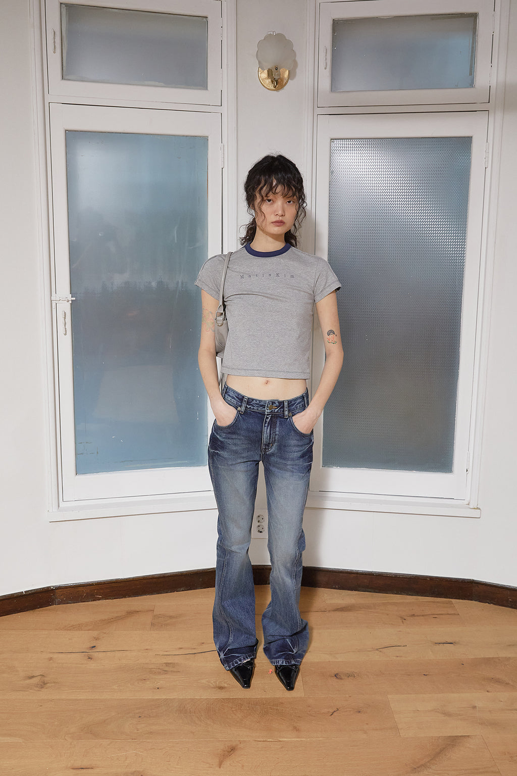 Matin Kim - Color Line Point Logo Crop Top (Grey) product image 12 | TRAB K-Fashion Australia