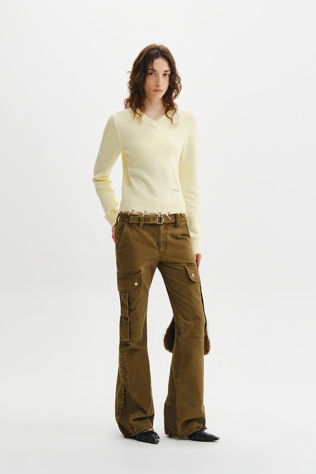Matin Kim - Distressed Hem V Neck Knit Pullover (Light Yellow) product image 10 | TRAB K-Fashion Australia