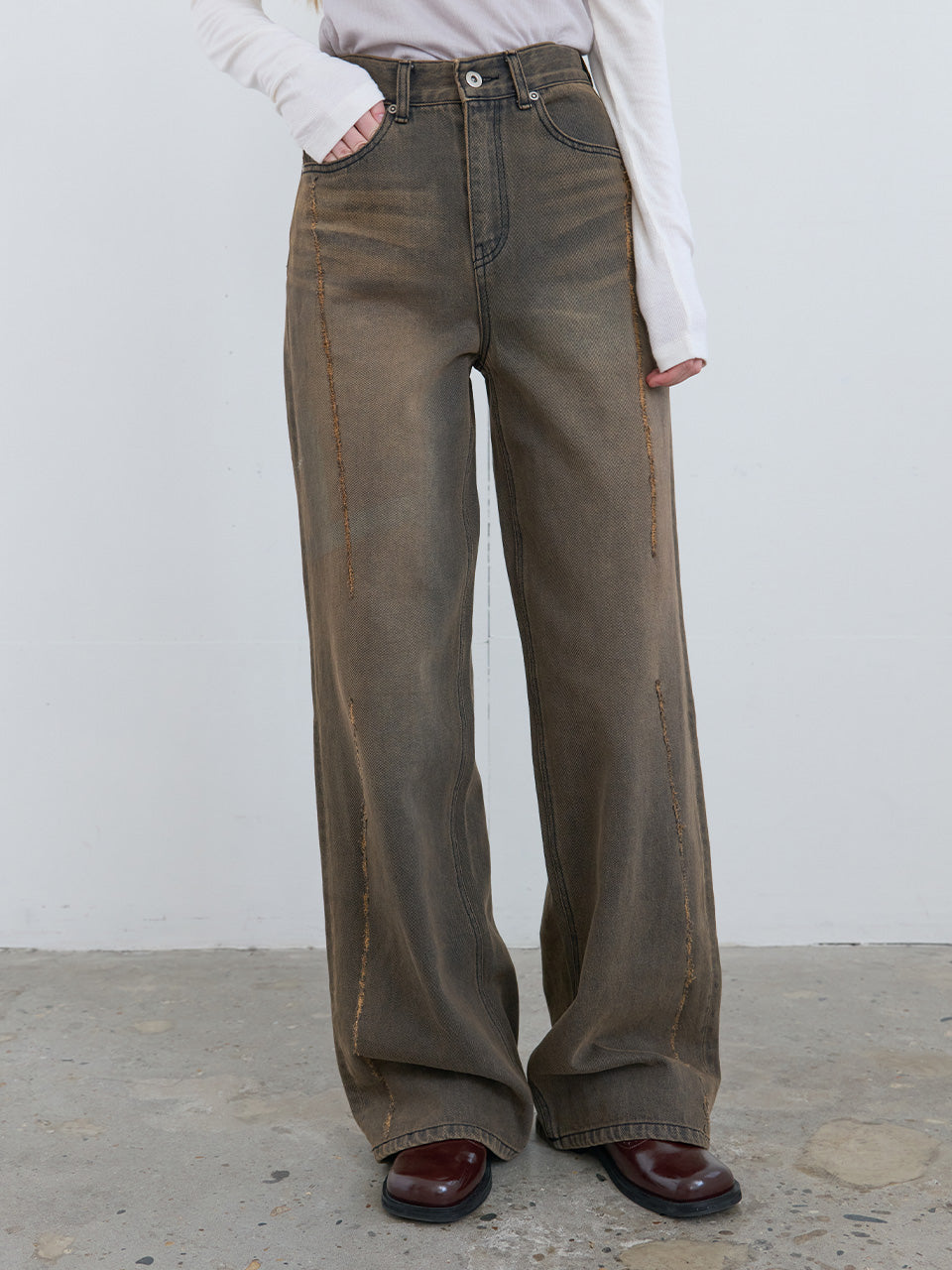 Kijun - Scratched Wide Jeans (Charcoal Brown) product image 5 | TRAB K-Fashion Australia