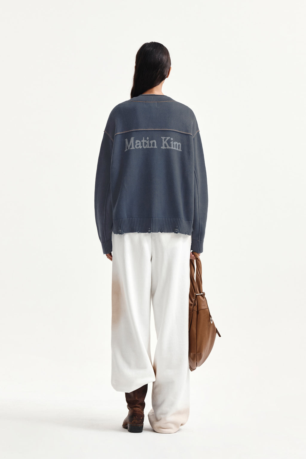Matin Kim - Back Logo Line Point Knit Cardigan (Smoke Blue) product image 8 | TRAB K-Fashion Australia