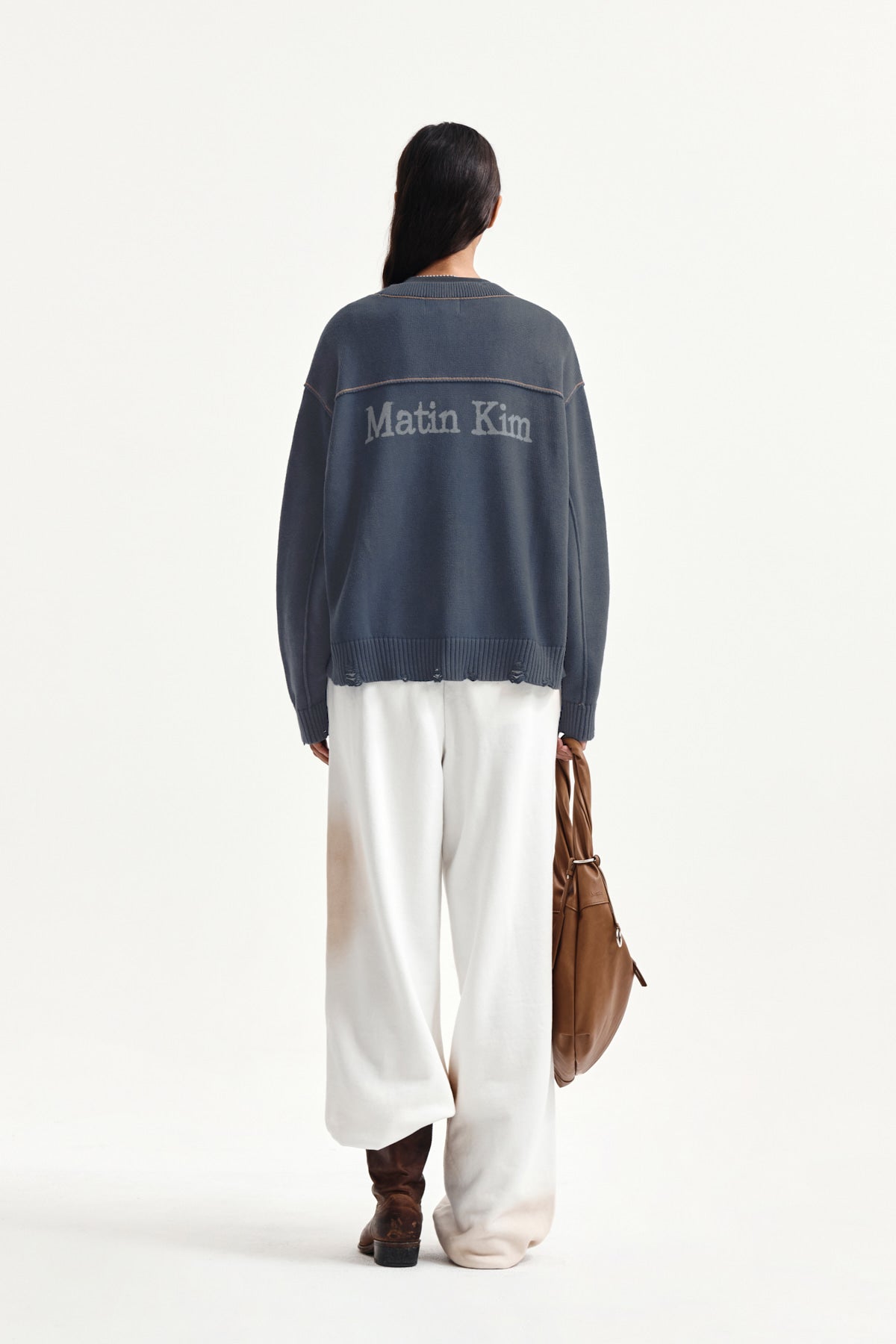 Matin Kim - Back Logo Line Point Knit Cardigan (Smoke Blue) product image 8 | TRAB K-Fashion Australia