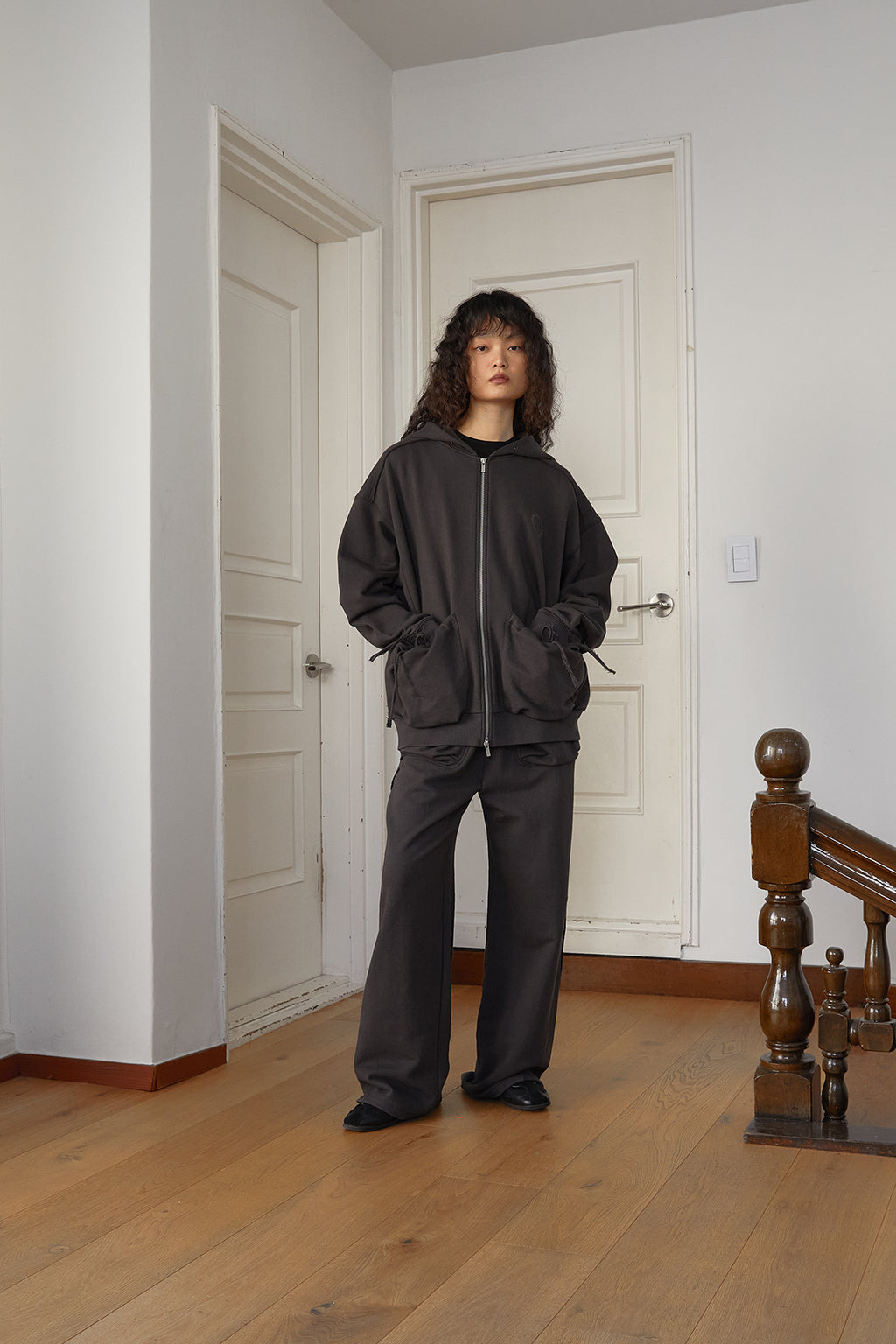 Matin Kim - Volume Pocket Hoody Zip Up (Charcoal) product image 10 | TRAB K-Fashion Australia