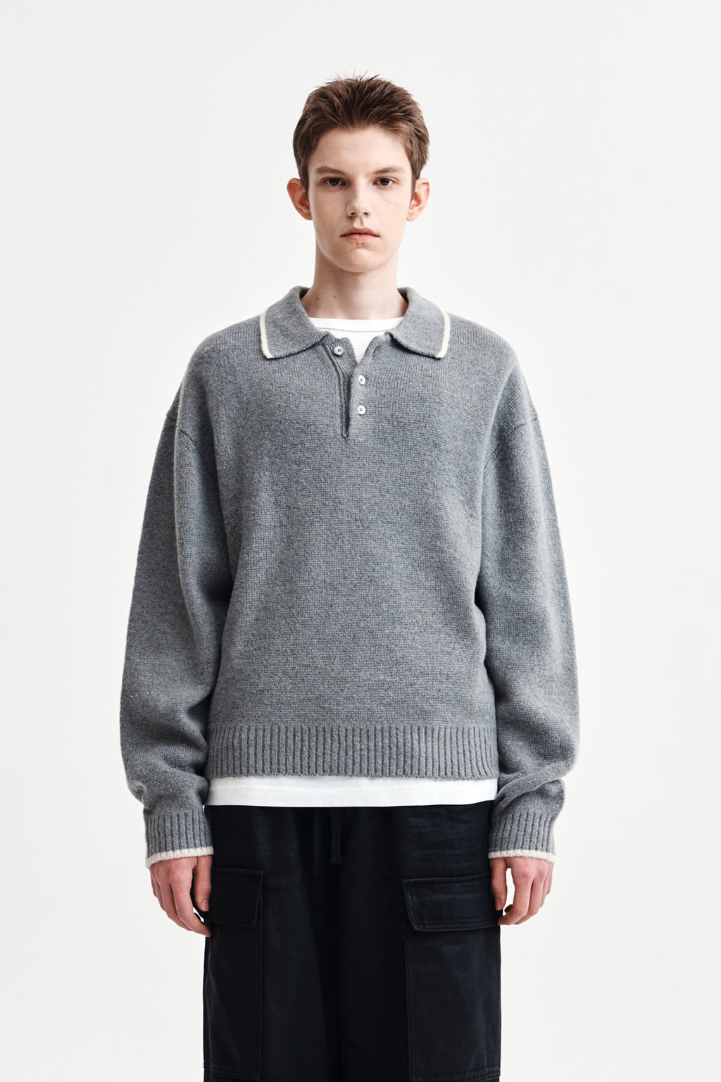 Matin Kim - Back Logo Collar Knit Top (Grey) product image 1 | TRAB K-Fashion Australia
