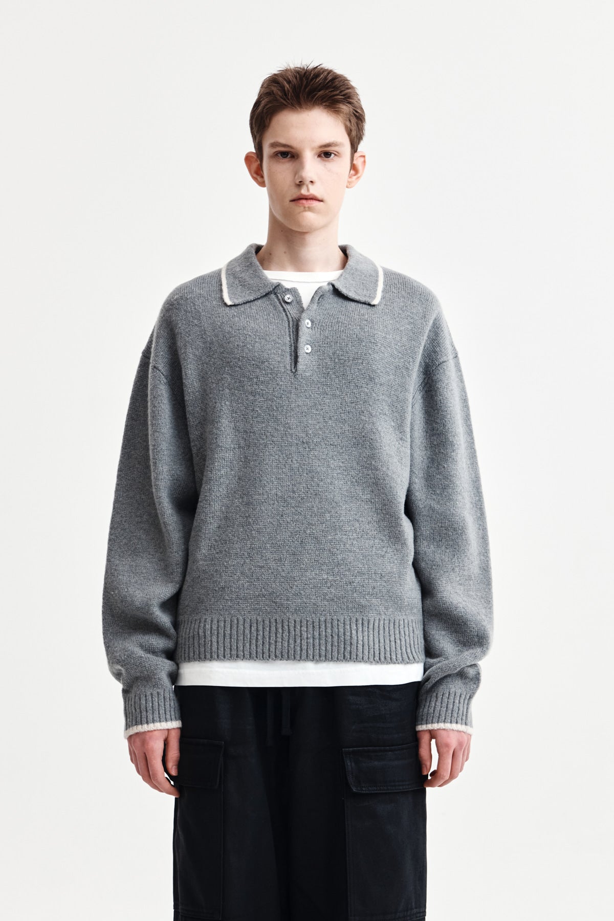 Matin Kim - Back Logo Collar Knit Top (Grey) product image 1 | TRAB K-Fashion Australia