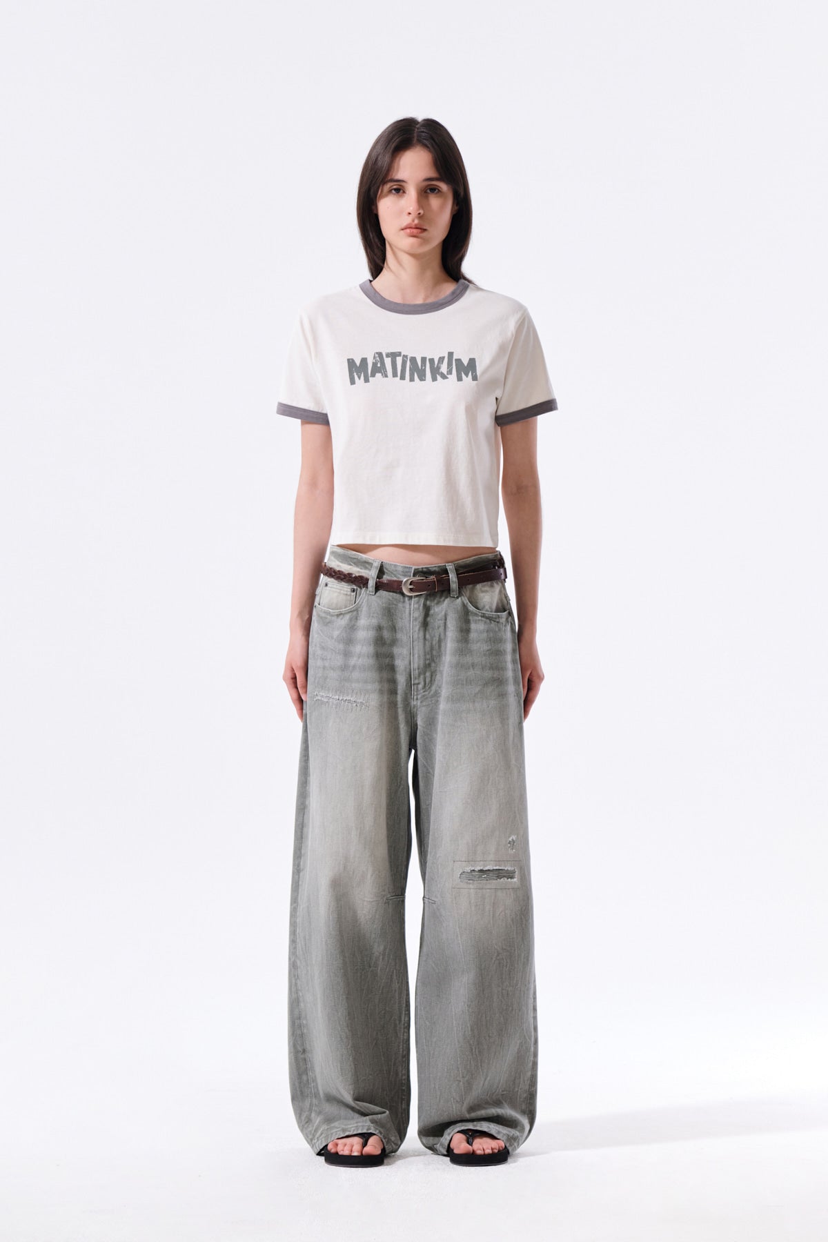 Matin Kim - Back Logo Washed Denim Pants (Khaki) product image 7 | TRAB K-Fashion Australia