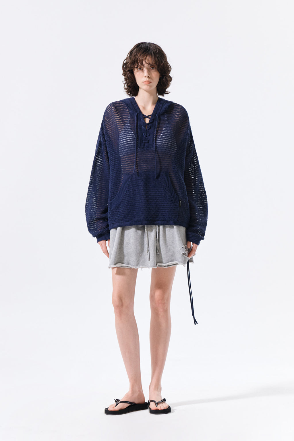 Matin Kim - Oversized Mesh Knit Hoodie (Navy) product image 8 | TRAB K-Fashion Australia