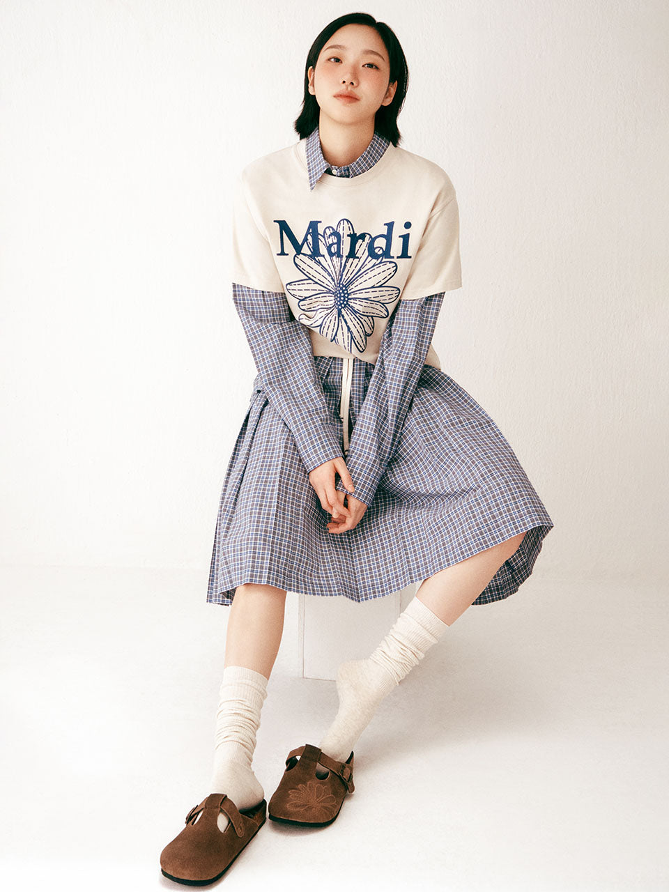 Mardi Mercredi - Cotton Pleated Midi Skirt Check (Navy) product image 1 | TRAB K-Fashion Australia