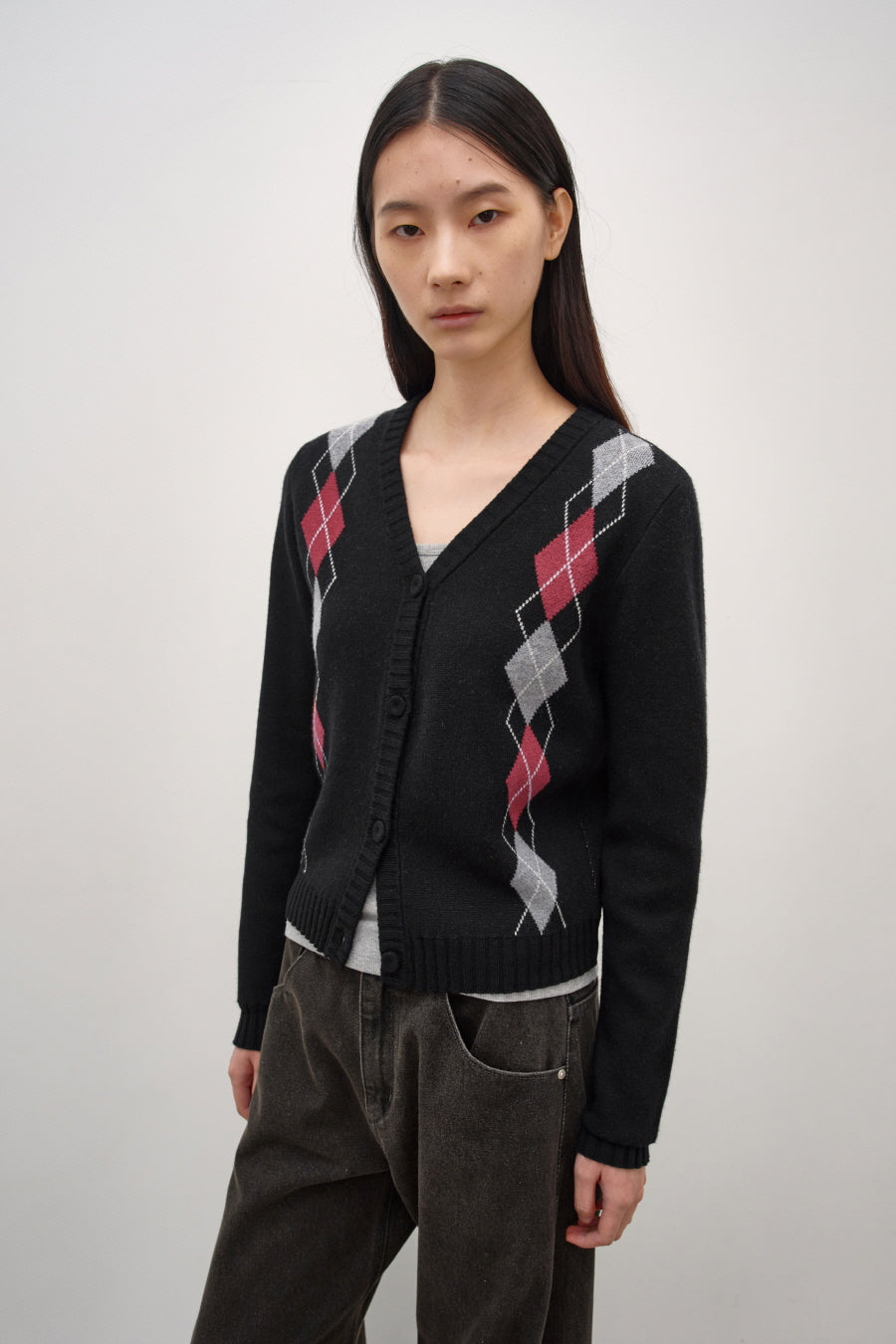 Insilence - Argyle V-Neck Cardigan (Black) product image 2 | TRAB K-Fashion Australia