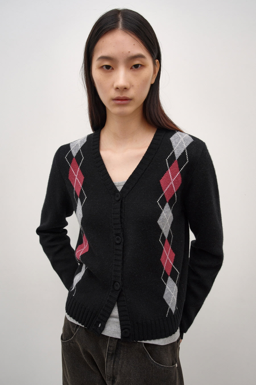 Insilence - Argyle V-Neck Cardigan (Black) product image 1 | TRAB K-Fashion Australia