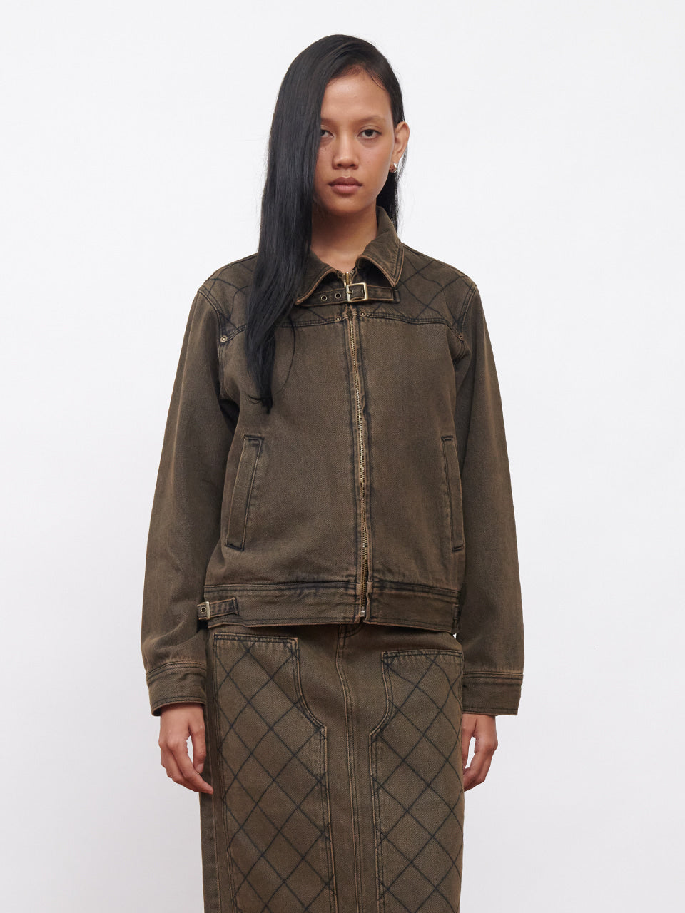 Kijun - Stitched Denim Jacket (Charcoal Brown) product image 1 | TRAB K-Fashion Australia
