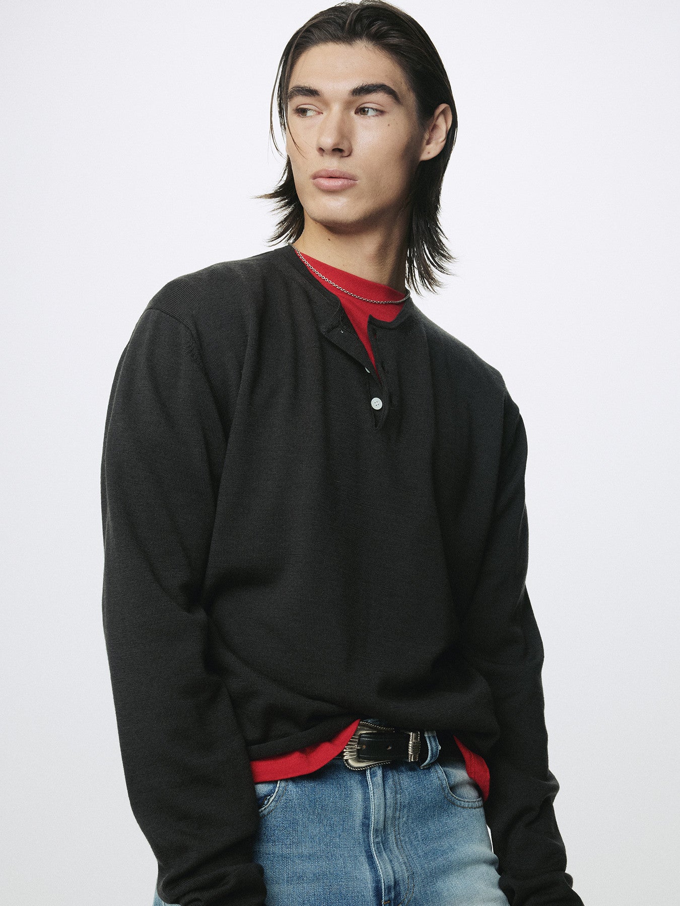Tonywack - Extra Fine Wool Raw Hem Henley Neck Knit (Anthracite) product image 1 | TRAB K-Fashion Australia