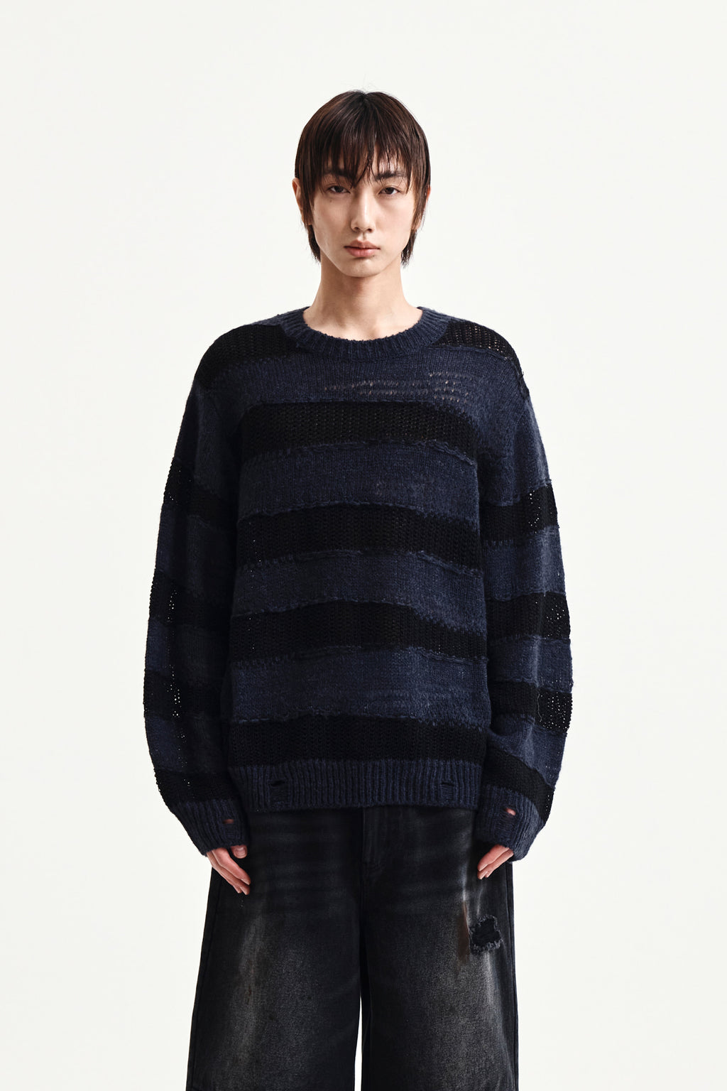 Matin Kim - Texture Block Stripe Knit Pullover (Navy) product image 10 | TRAB K-Fashion Australia