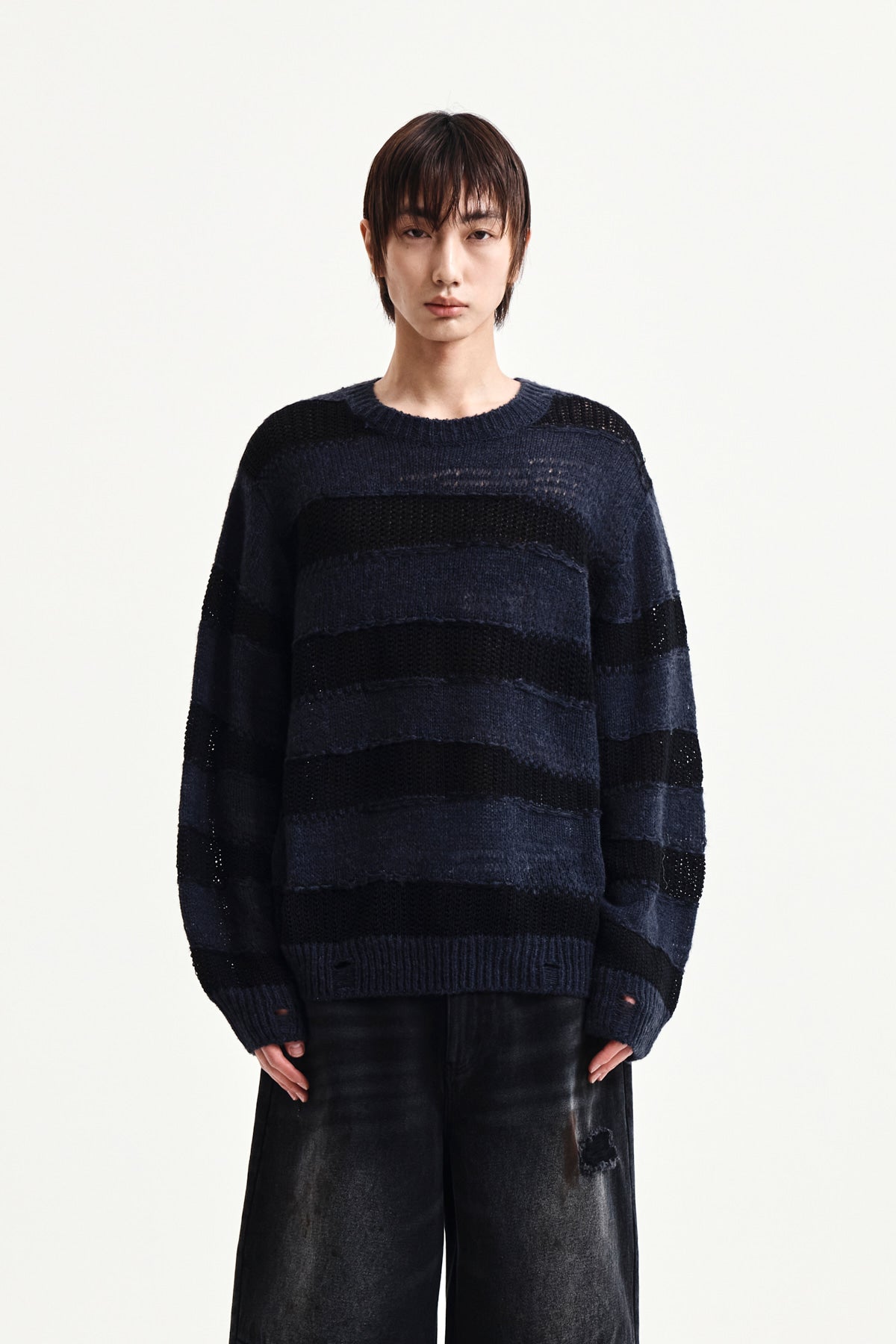Matin Kim - Texture Block Stripe Knit Pullover (Navy) product image 10 | TRAB K-Fashion Australia