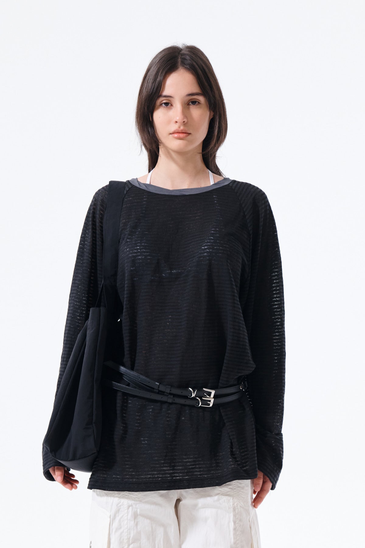 Matin Kim - Twist Boat Neck Stripe Logo Top (Black) product image 5 | TRAB K-Fashion Australia