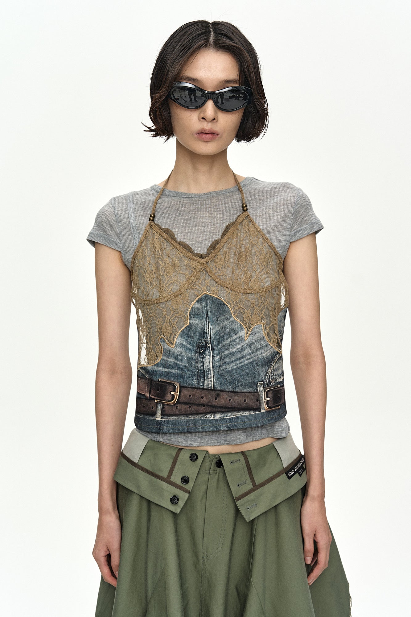 Andersson Bell - Belted Denim Printed Lace Bustier (Mid Blue/Khaki) product image 5 | TRAB K-Fashion Australia