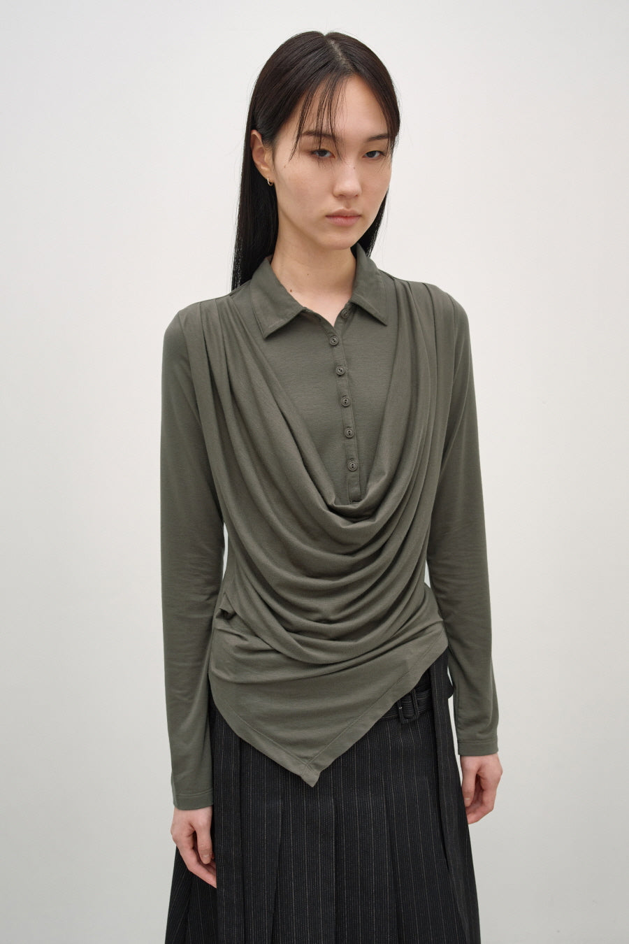 Insilence - Cowl Henley-Neck Long-Sleeve (Khaki) product image 1 | TRAB K-Fashion Australia