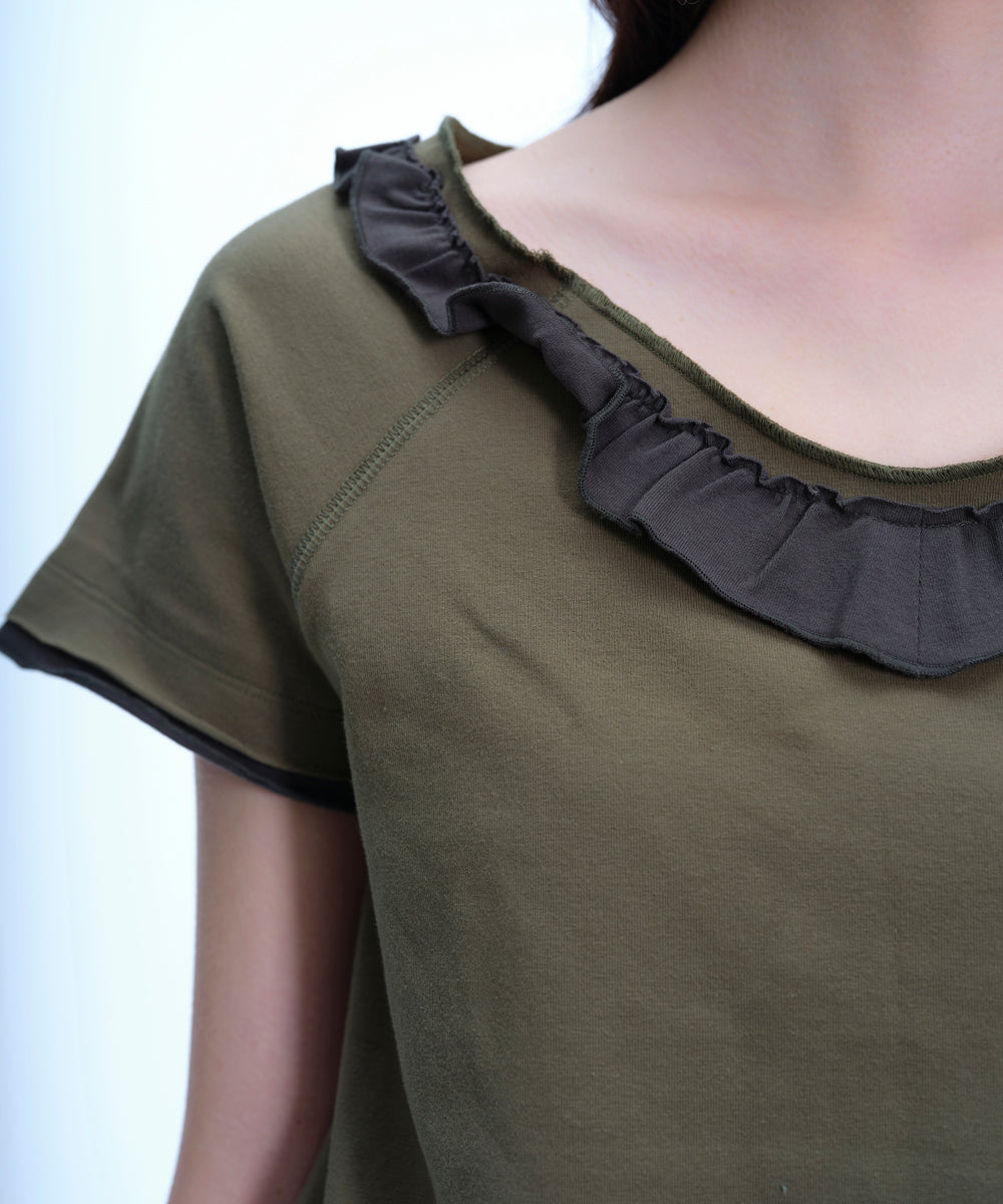 Coyseio - Ruffle V-Neck Smocked T-Shirt (Olive) product image 6 | TRAB K-Fashion Australia