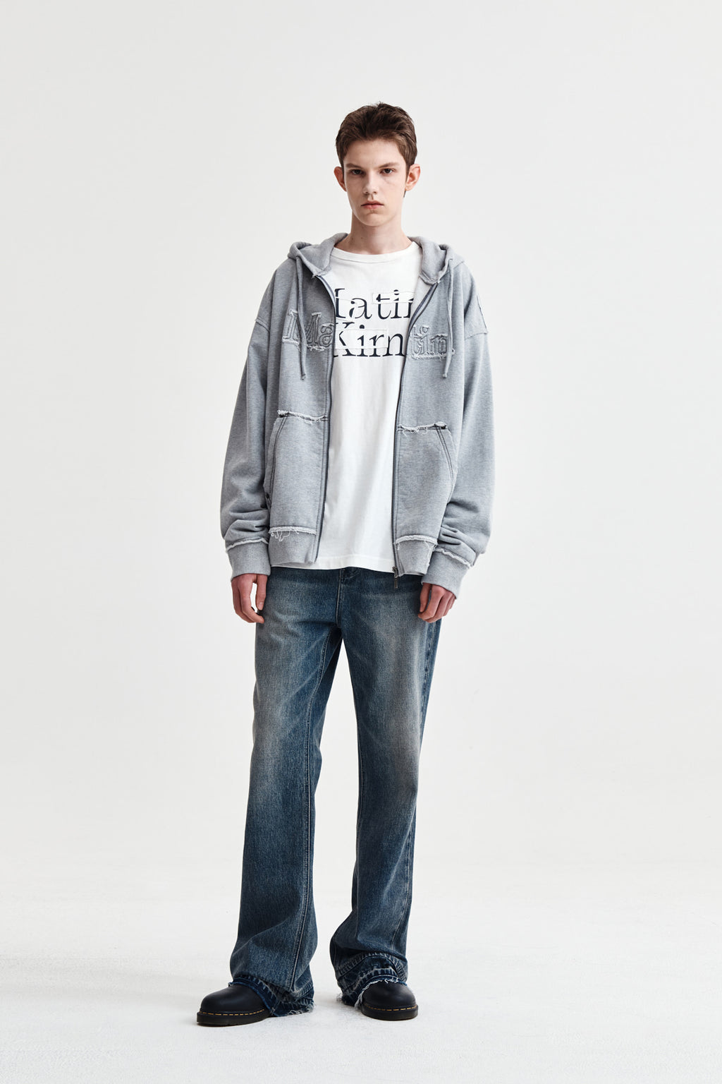 Matin Kim - Raw Cut Applique Hoody Zip Up (Grey) product image 14 | TRAB K-Fashion Australia