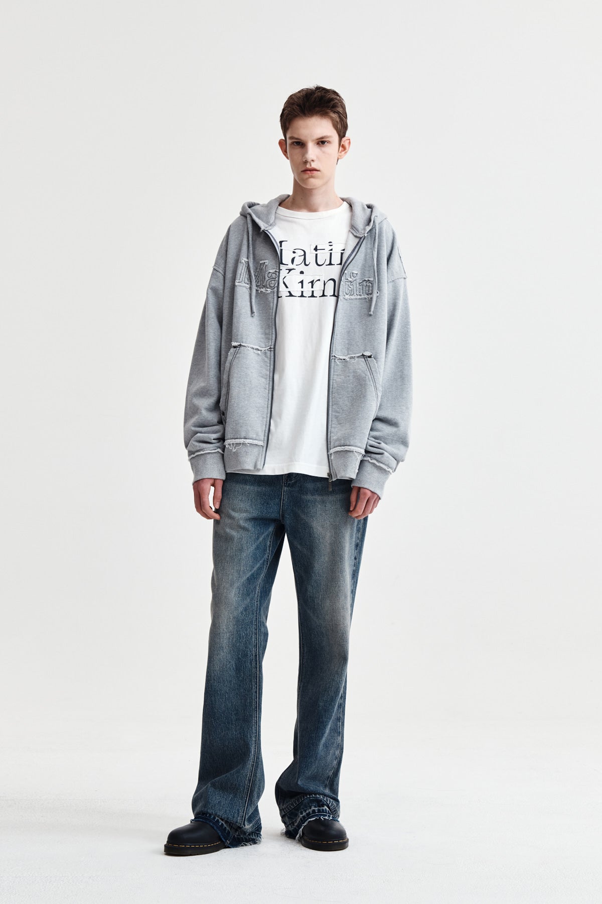 Matin Kim - Raw Cut Applique Hoody Zip Up (Grey) product image 14 | TRAB K-Fashion Australia