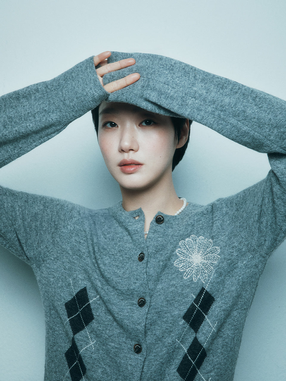 Mardi Mercredi - Cashmere Blended Cardigan Round Neck Argyle (Grey Cream) product image 1 | TRAB K-Fashion Australia