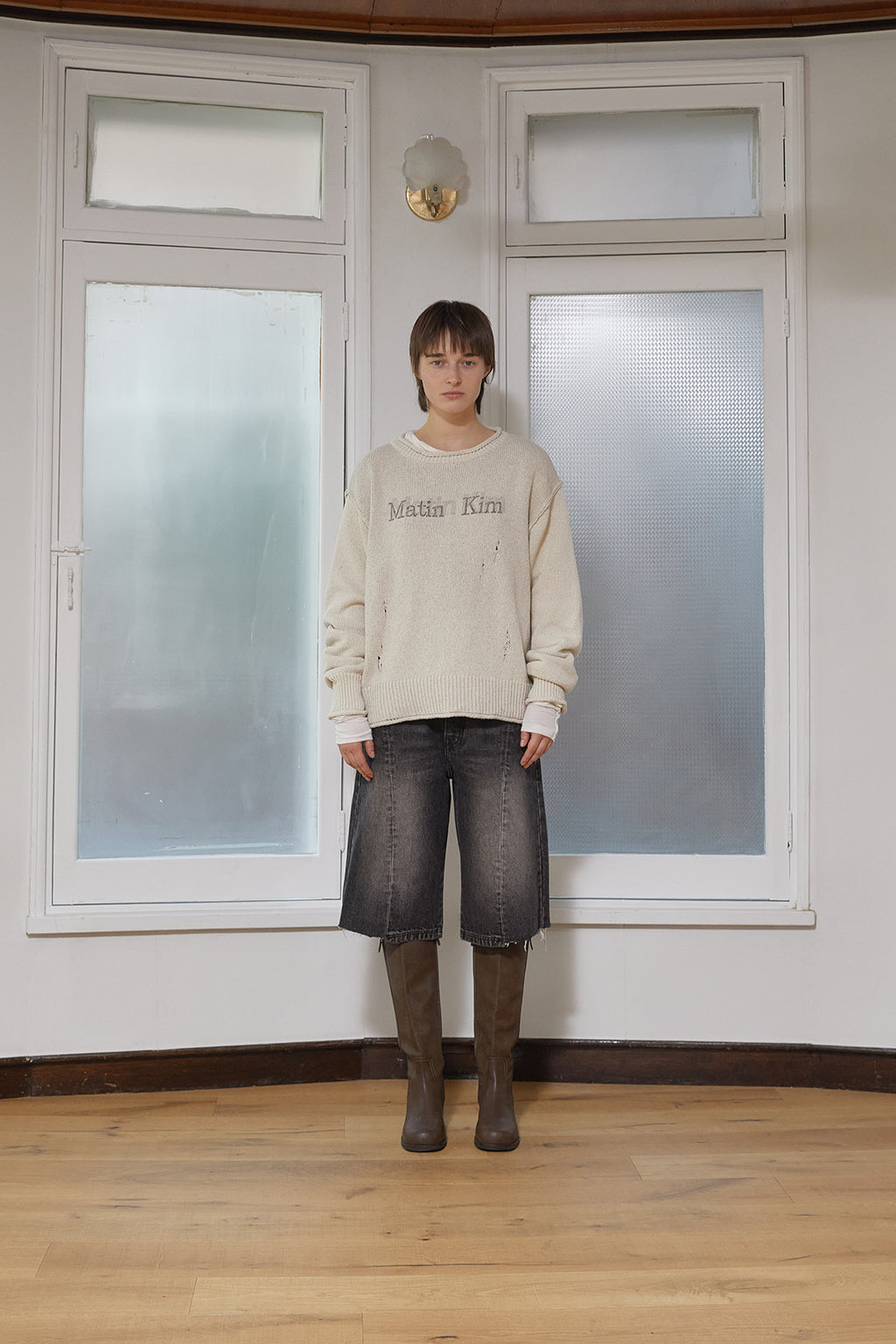 Matin Kim - Crack Logo Vintage Knit Pullover (Beige) product image 5 | TRAB K-Fashion Australia