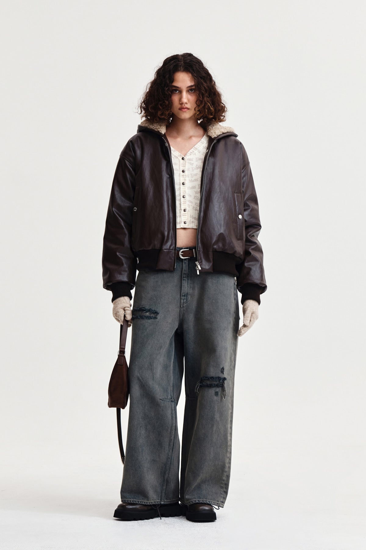 Matin Kim - Faux Leather Zip Up Hoody (Brown) product image 9 | TRAB K-Fashion Australia
