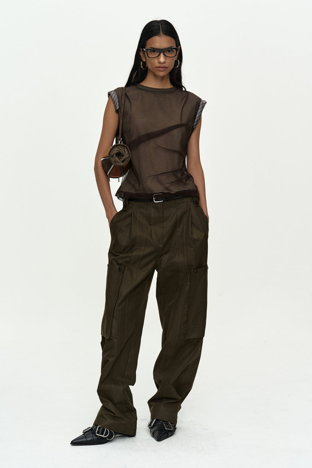 Andersson Bell - Layered Mesh Tuck & Dart Top (Brown) product image 7 | TRAB K-Fashion Australia